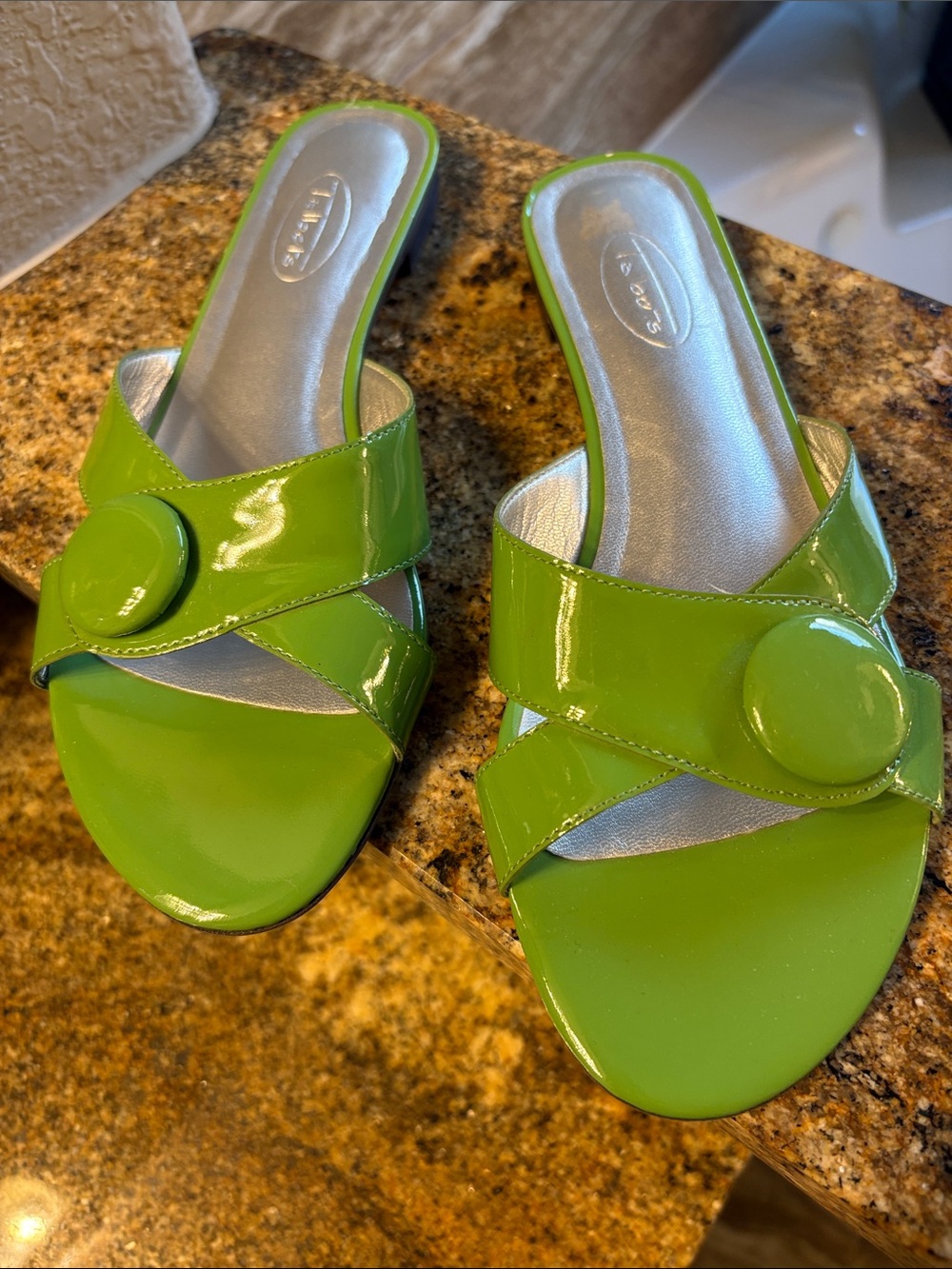 Talbots Life Stride Lime Patent Slide Mules with Button Accent
